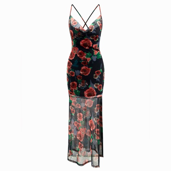 MICAS Dresses & Skirts - Floral Print Cowl Neck Mesh Cross Tie Back Maxi Dress